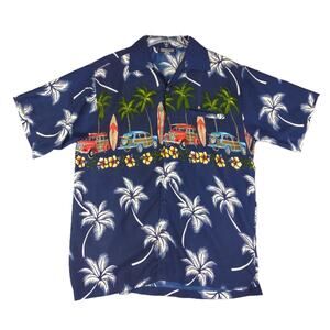 Pacific & Co Men's M Hawaiian Tropical Palms & Woody Cars Surfer Button Up Shirt